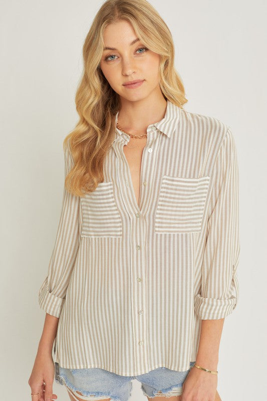 Striped Roll Up Sleeve Button Down Blouse Shirts