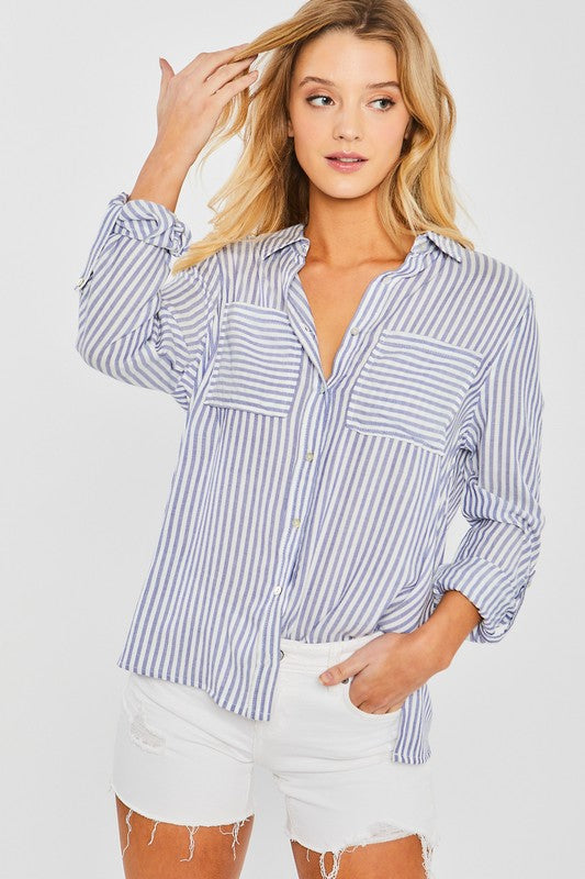 Striped Roll Up Sleeve Button Down Blouse Shirts