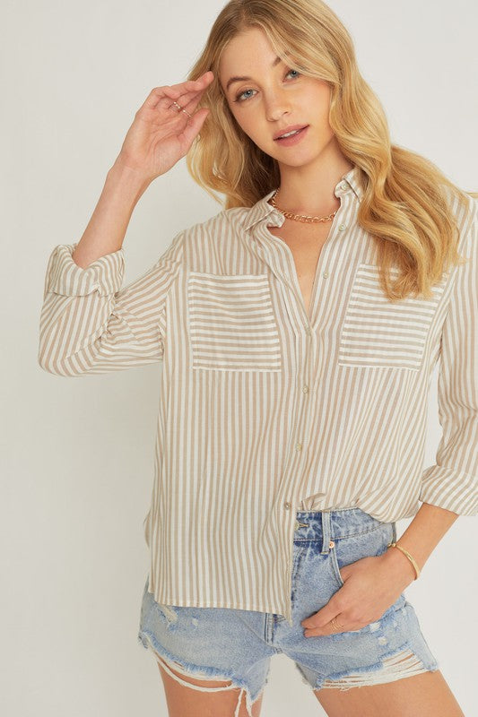 Striped Roll Up Sleeve Button Down Blouse Shirts